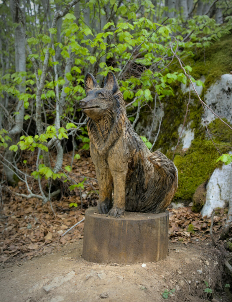une statue de renard juste devant la grotte