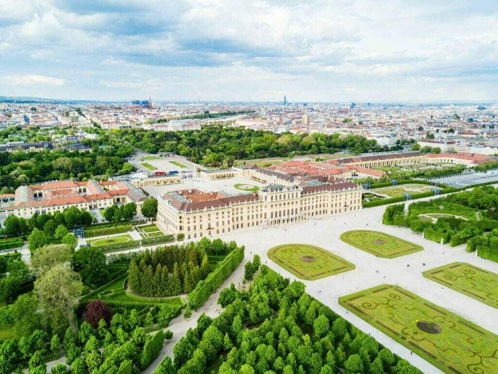 Aerial view of Schönbrunn Palace park in Vienna in spring