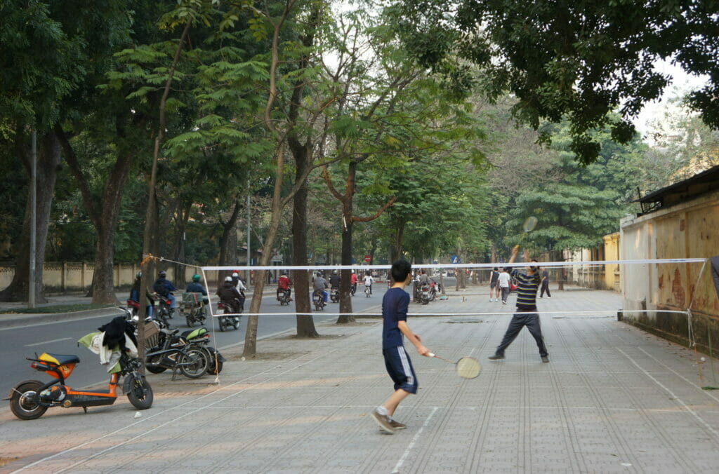 badminton on sidewalk in Hanoi