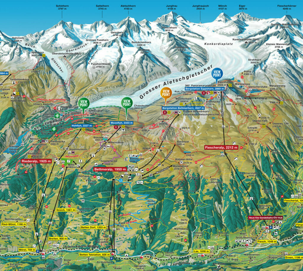carte de randonnée de la région du glacier d'Aletsch