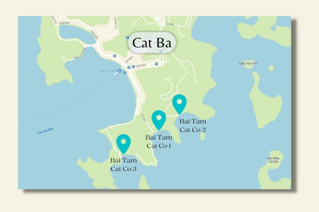 map of the beaches in cat ba island, halong bay in Vietnam