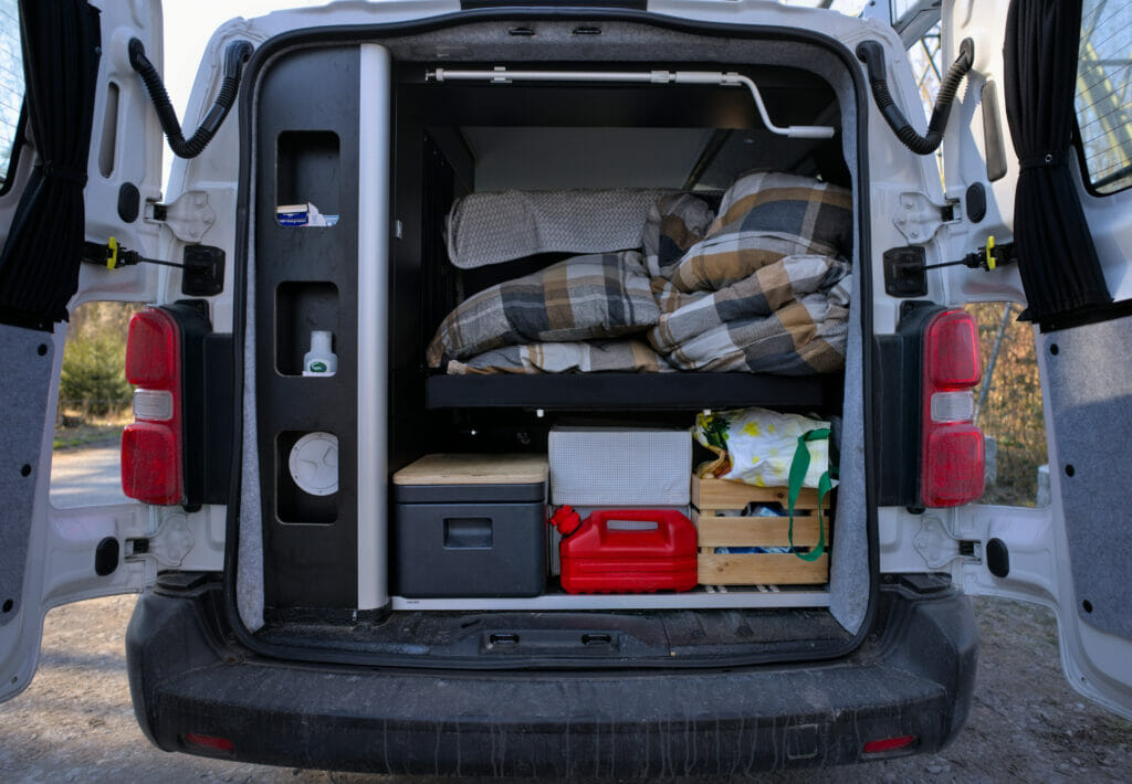 The trelino composting toilets in the back of the van