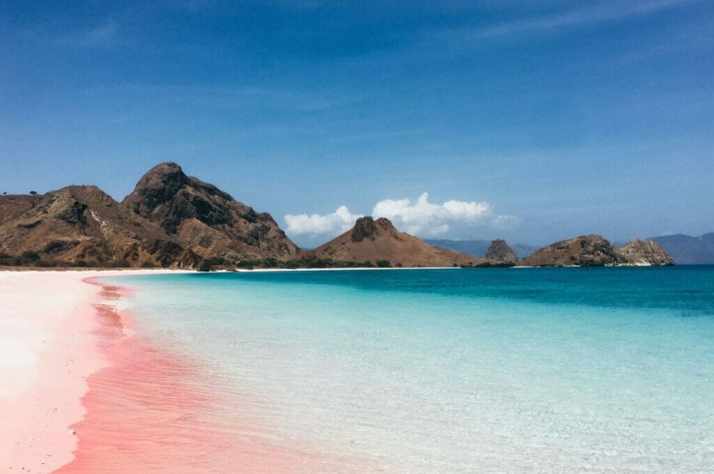 une des plages roses ou pink beach sur l'île de Lombok en Indonésie