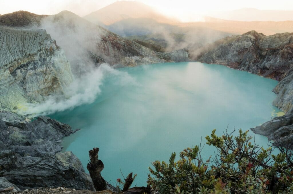 the acid and turquoise lake of Kawah Ijen in East Java