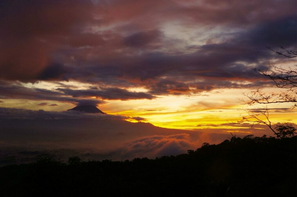 sunrise on Merapi volcano the Yogyakarta plain