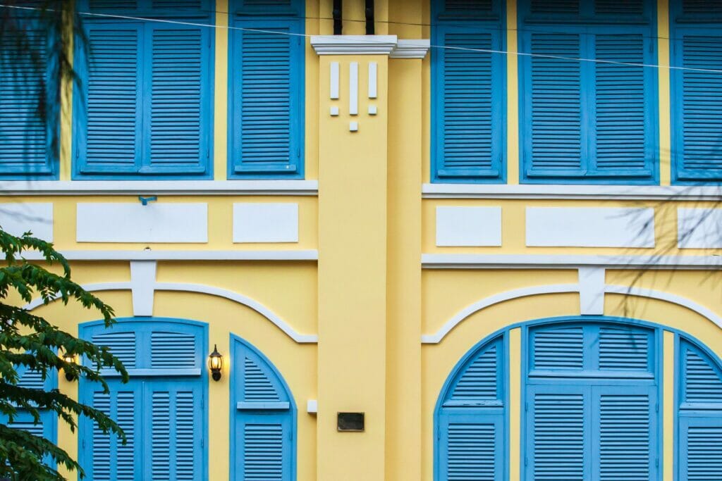 detail of a French colonial building in Kampot, Cambodia