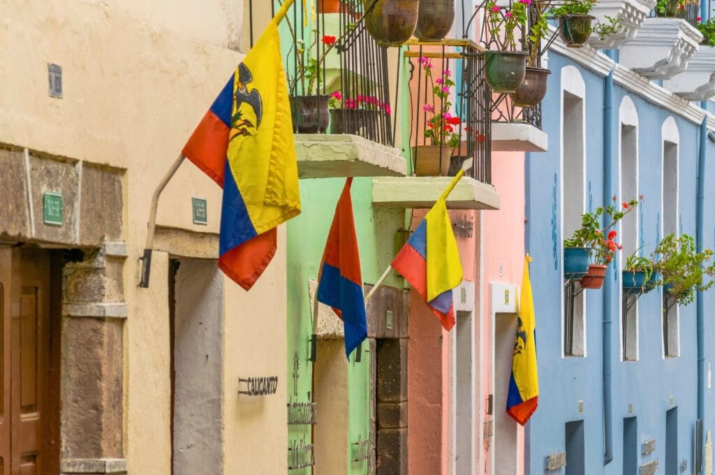 Colorful facades on La Ronda street in Quito during our trip to Ecuador