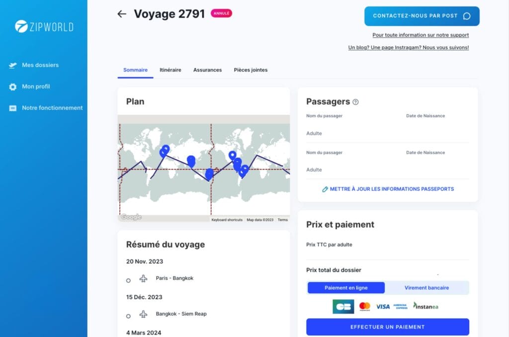 résumé de l'itinéraire et du devis pour un billet TDM avec l'agence Zip World