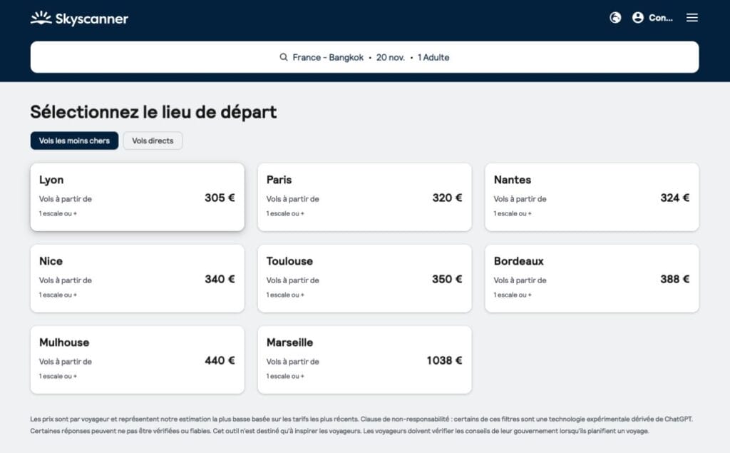 skyscanner, comparateur de vols