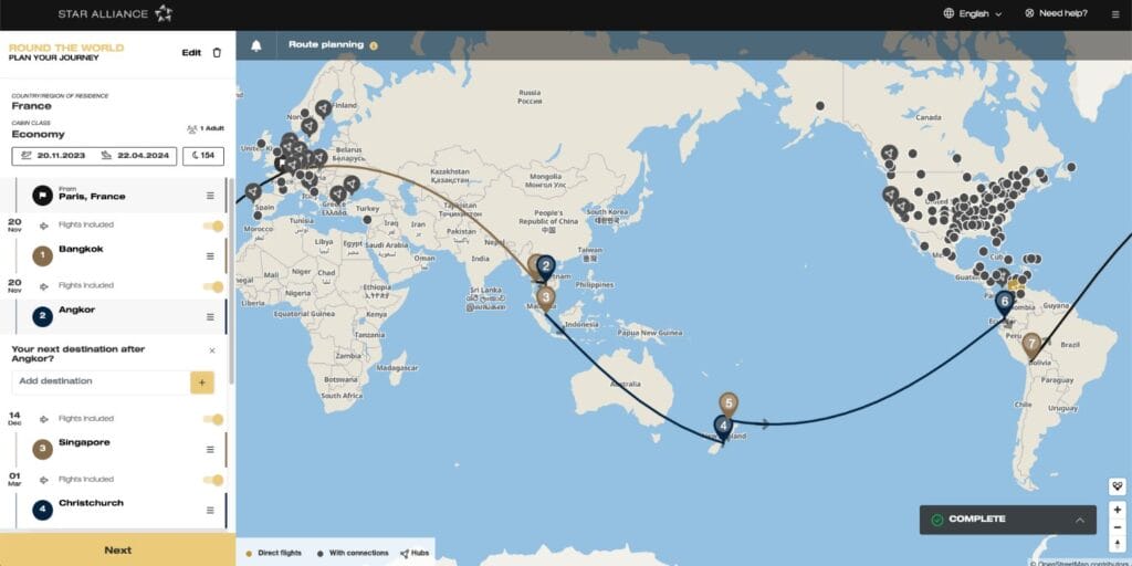 round-the-world ticket simulation with airline alliance Star Alliance