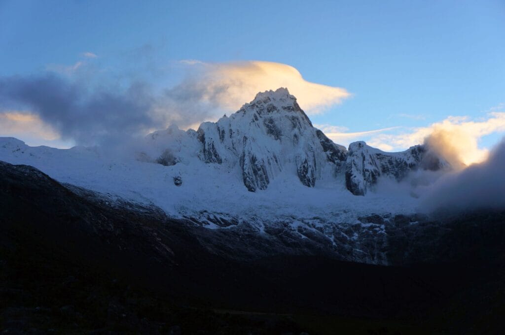 View of one of the snowy peaks of the Cordillera Blanca in Peru