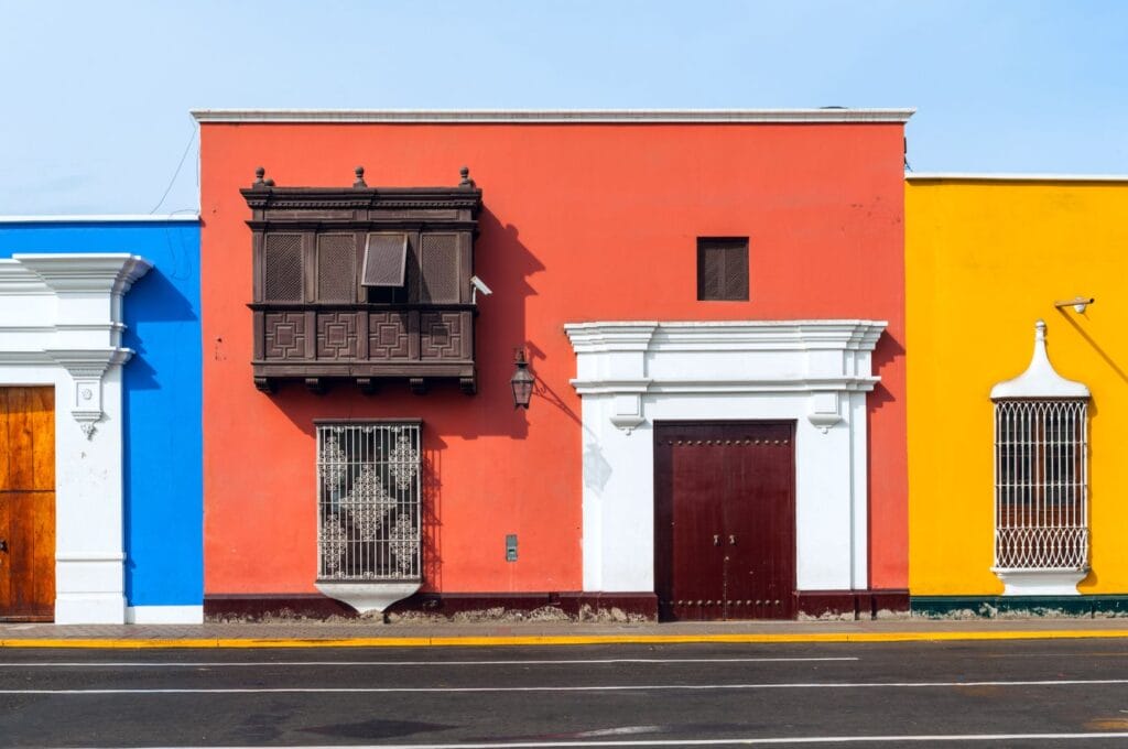 Colorful and typical facades of the city of Trujillo in northern Peru