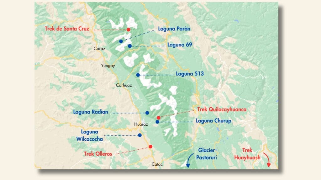 carte des randonnées et treks à faire autour de Huaraz