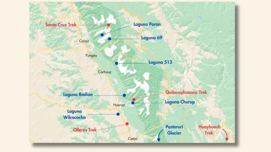 hiking and trekking map around Huaraz