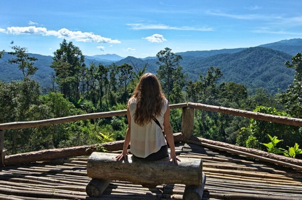 Fabienne at a mountain viewpoint on the Mae Hong Son Loop