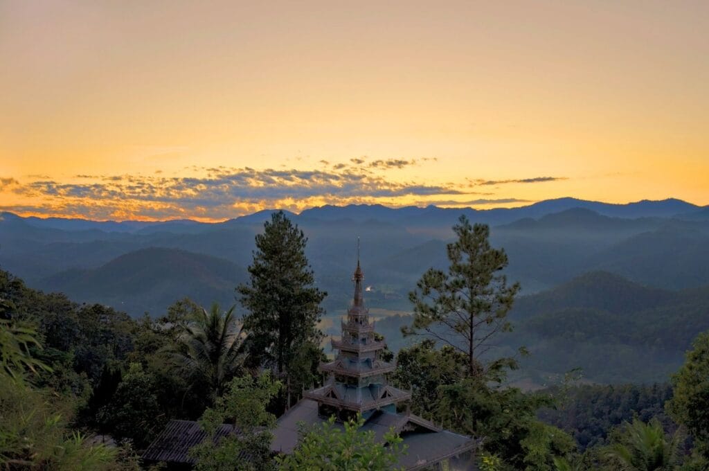 Sunset from Phra That Doi Kongmu Temple in Mae Hong Son