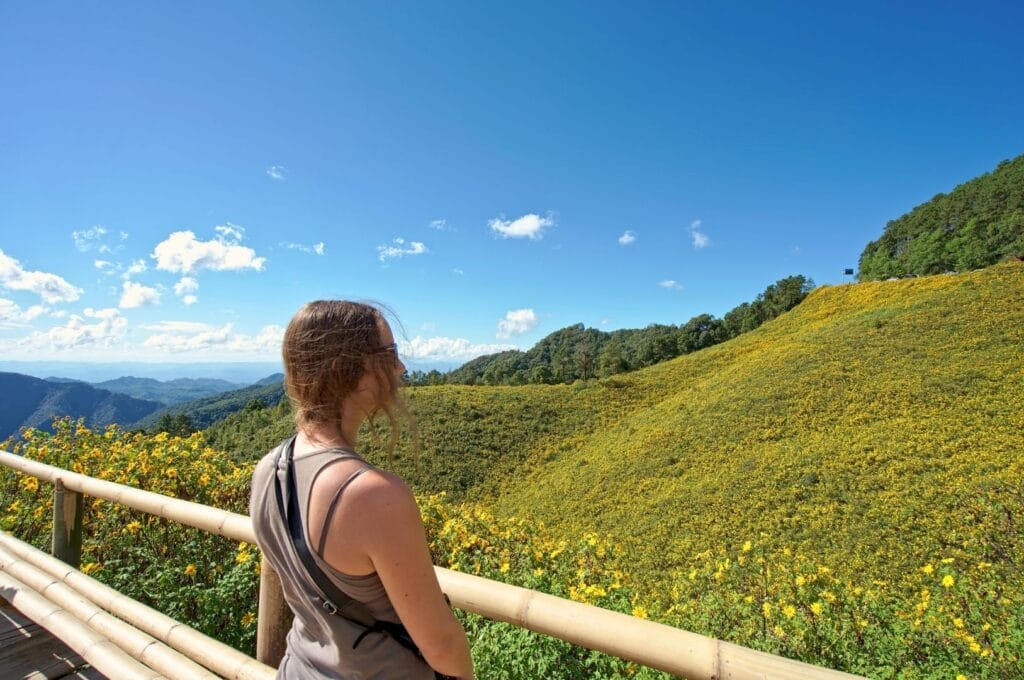 Fabienne devant les champs de tournesol à la fin de la boucle de Mae hong Son