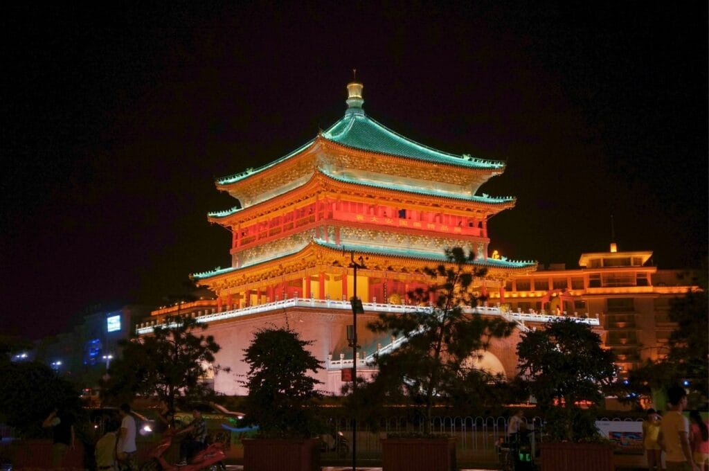 the bell tower illuminated at night in Xi'an