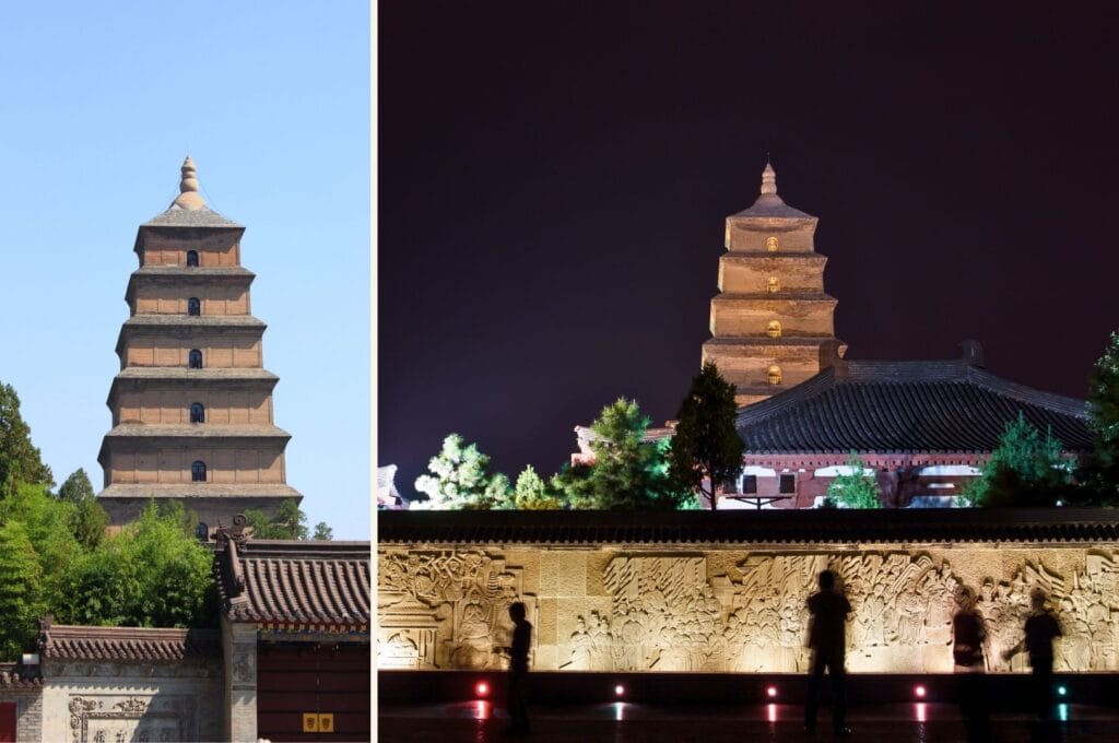 the big wild goose pagoda by day and night