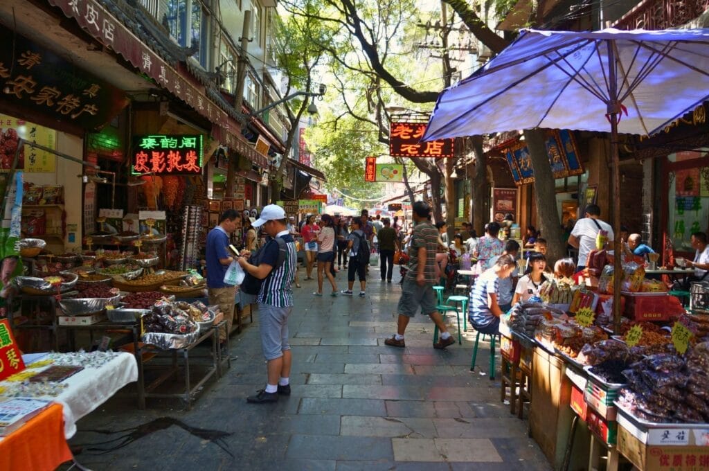 pedestrian street in Xi'an with stalls on both sides