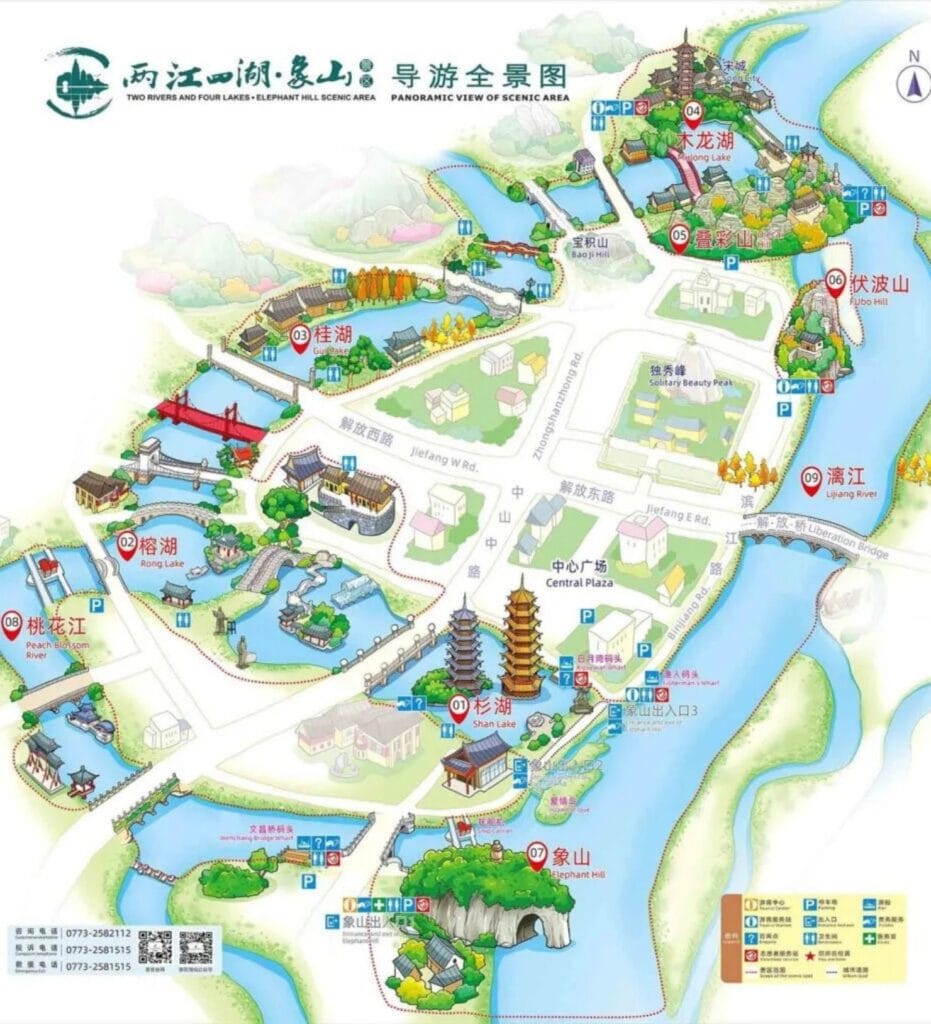 carte du chemin conseillé pour parcourir les centres d'intérêt de la ville de Guilin