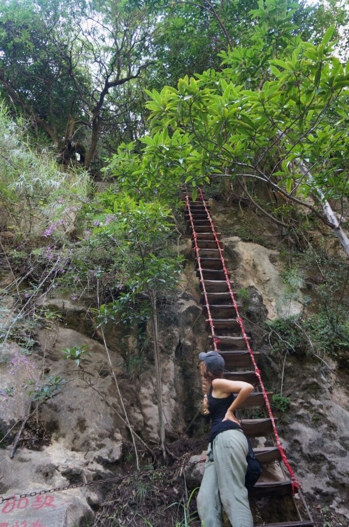 Fabienne devant une échelle à flanc de falaise