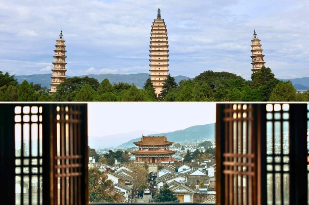 les 3 pagodes du temple Chongsheng et une vue du vieux Dali