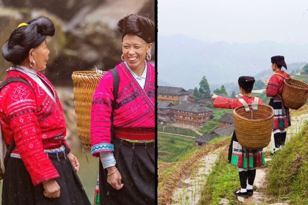 femmes de l'ethnie Yao avec leurs vêtements traditionnels et leurs longs cheveux coiffés ou cachés