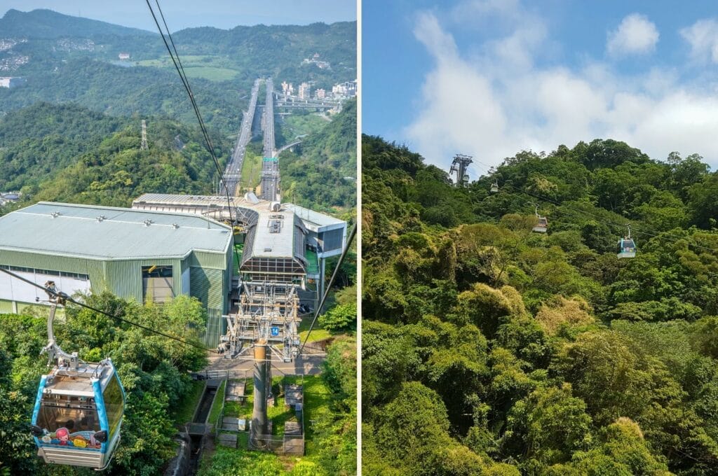 t&eacute;l&eacute;ph&eacute;rique Maokong qui survole la for&ecirc;t et les collines