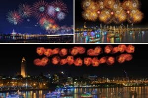 feu d'artifice sur la rivière Tamsui depuis le quartier dadaocheng à Taipei