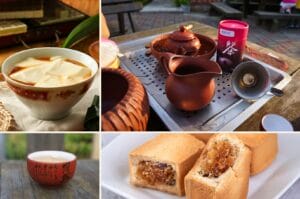 douhua, thé oolong et gâteau à l'ananas