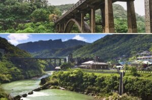 ancien pont pour les trains et village de Houtong