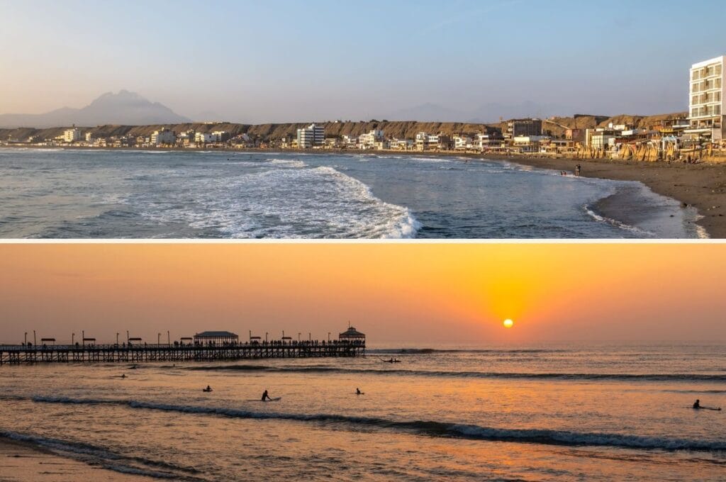 plage et coucher de soleil sur la jet&eacute;e de Huanchaco